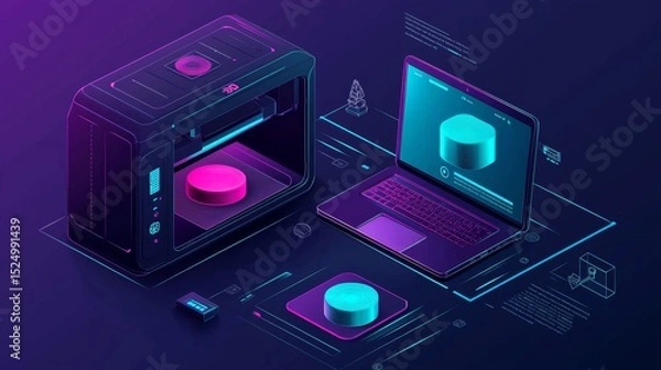 Fototapeta Creative workspace environment with advanced 3D printing technology highlighted.