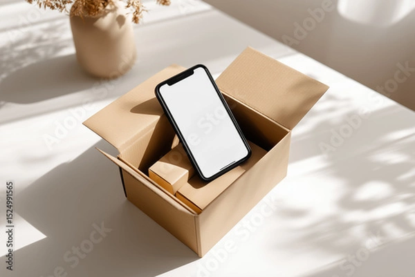 Obraz open cardboard box with neatly arranged product on white table, smartphone showing delivery confirmation screen