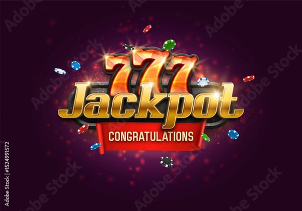 Fototapeta Shining sign Jackpot with lucky sevens and chips on a bright background. Vector illustration.