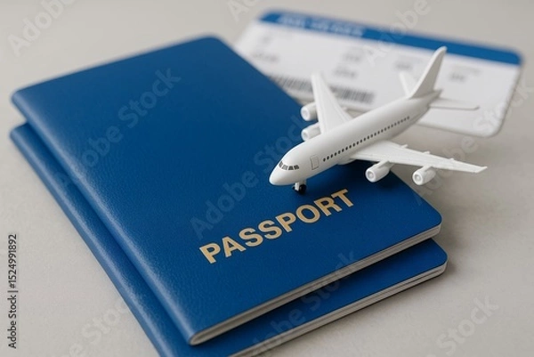 Obraz Two blue passports with airplane model and boarding pass on transparent background, travel agency concept