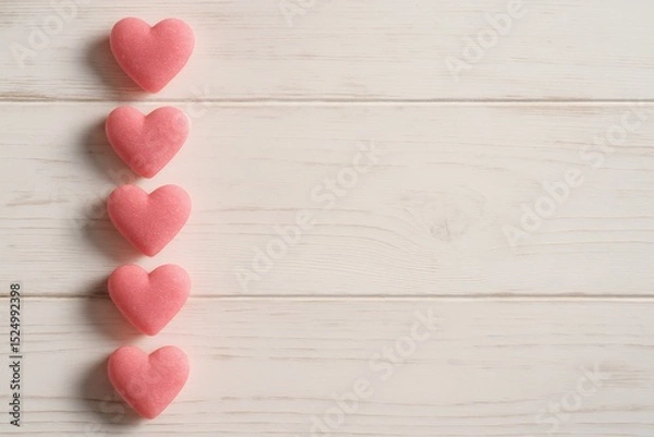 Obraz Five pink sugar hearts aligned vertically on a white wooden background, concept for Valentine's Day card design, wedding invitation, or romantic branding