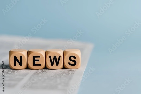 Obraz Wooden blocks spelling NEWS on a newspaper, concept for media, journalism, and communication