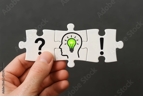 Obraz A hand holding three jigsaw puzzle pieces; question mark, head with lightbulb, exclamation mark; problem-solving concept