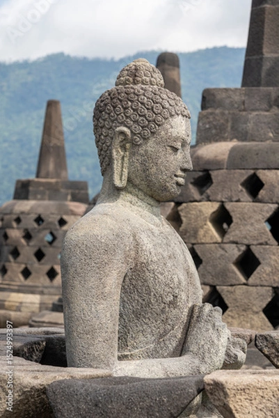 Fototapeta Closeup profile view of ancient Vairocana buddha statue in situ with stupas in background at historic Borobudur, Magelang, Central Java, Indonesia