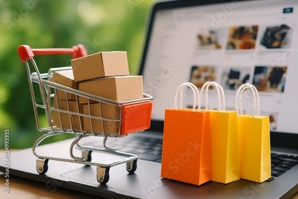 Obraz Mini shopping cart with cardboard boxes on laptop, next to colorful shopping bags; online shopping concept for e-commerce, retail, and digital marketing