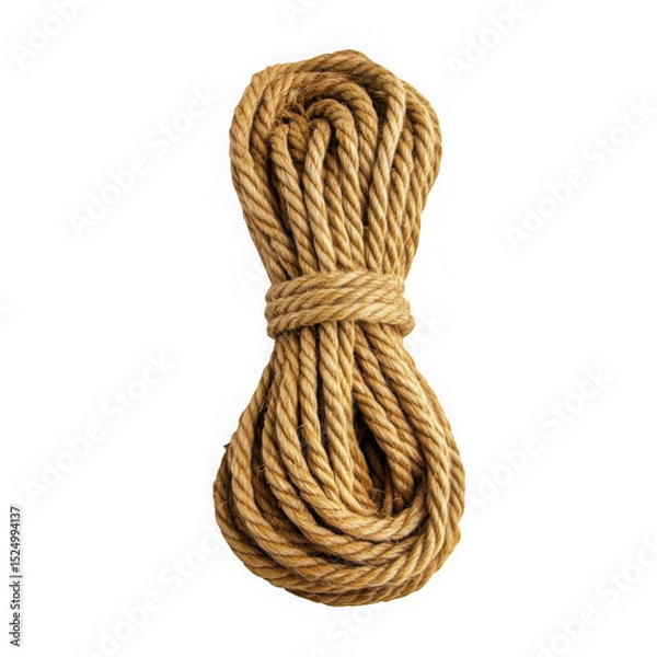 Obraz Thick brown hemp rope coil tied in the middle isolated on transparent background