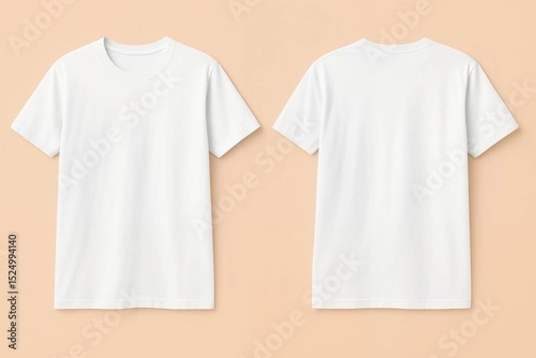 Obraz Front and back view of a plain white t-shirt on a peach background, concept for apparel design, fashion branding, and mockup template