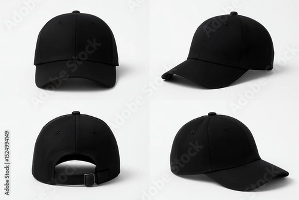 Obraz Four views of a black baseball cap on a white background, concept for apparel design and branding