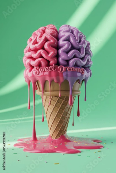 Fototapeta Playful Ice Cream Cone Featuring Pink and Purple Dripping Brain Design with 'Sweet Dreams' Inscription on Vibrant Green Background