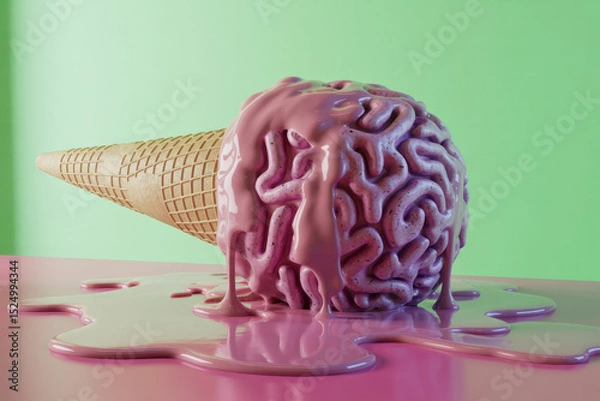Fototapeta Surreal Melting Brain Ice Cream Cone on Vibrant Pink and Green Background