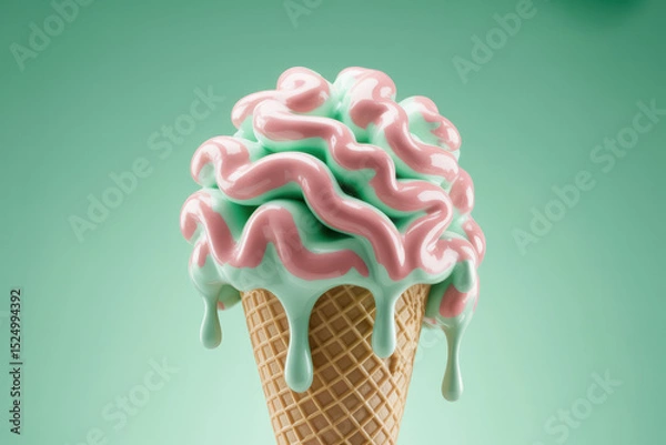 Fototapeta Delicious Swirled Ice Cream Cone Melting in Soft Pastel Tones Against Mint Green Background
