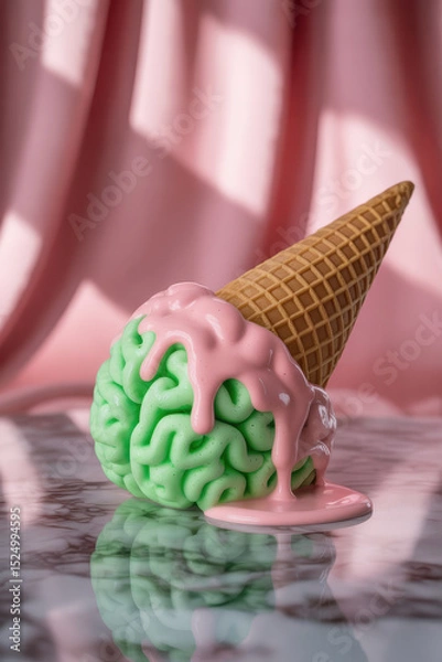 Fototapeta Playful Melting Brain Ice Cream Cone in Soft Pastel Tones on Marble Surface