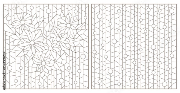 Obraz Set of contour illustrations of stained glass Windows with abstract flowers, oval  and square images, dark outlines on white background