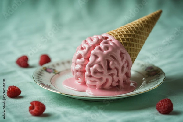 Fototapeta Whimsical Brain-Shaped Pink Ice Cream Cone Melting on Elegant Plate with Fresh Raspberries