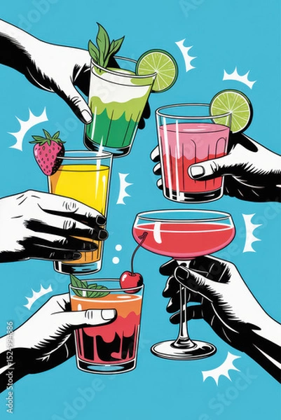 Fototapeta Colorful Celebration of Cocktails with Cheers and Refreshing Summer Vibes in Bright Blue Background