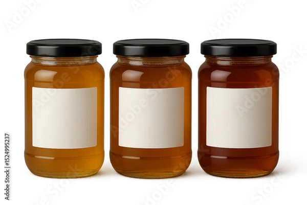 Obraz Three glass jars filled with honey, featuring blank white labels on transparent background, concept for food branding and packaging design