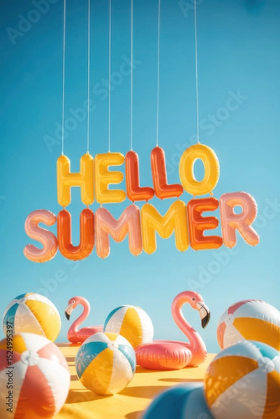 Fototapeta Cheerful Summer Celebration with Vibrant 'Hello Summer' Balloons and Colorful Beach Balls Under Clear Blue Sky