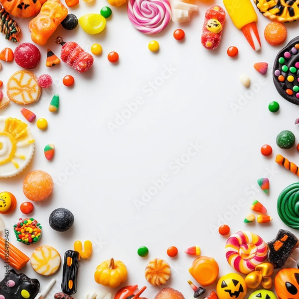 Obraz Halloween cookies shaped like pumpkins, ghosts, and bats positioned in a circle on white background