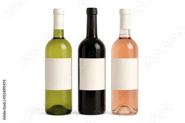 Obraz Three wine bottles with blank white labels on transparent background, concept for wine label design, beverage branding, and product packaging