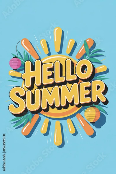Fototapeta Bright and Cheerful Summer Greeting with Vibrant Sun and Tropical Elements