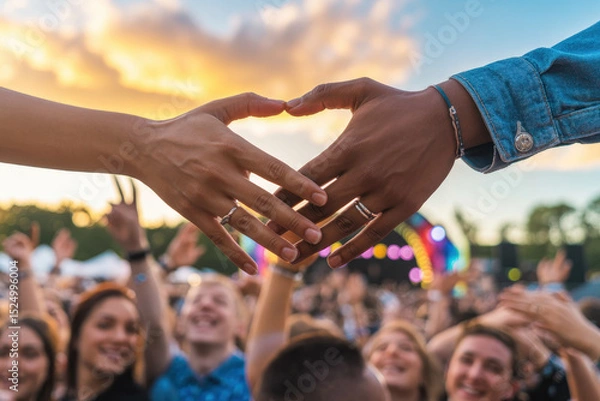 Fototapeta Joyful Music Festival Celebration with Hands Forming Heart Shape Against a Vibrant Sunset