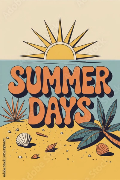 Fototapeta Vibrant Retro Summer Days Illustration with Sun, Sea, and Tropical Elements in Warm Tones