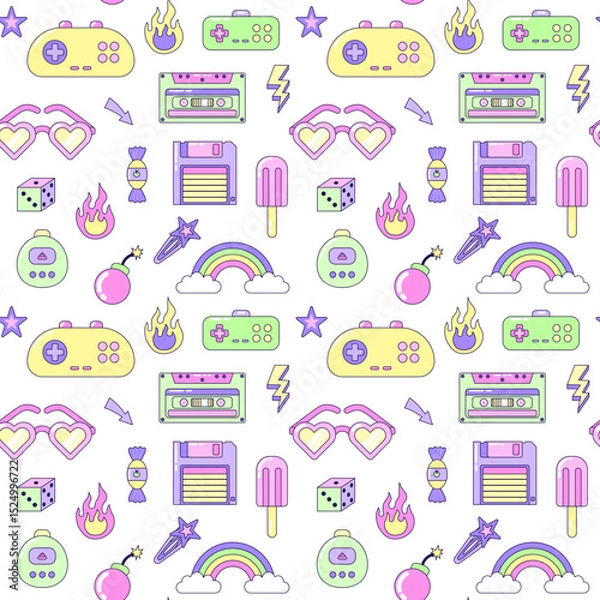Fototapeta Seamless pattern with vintage Multicolored elements on white background. Retro illustration with outline in 90s style. Vector illustration.