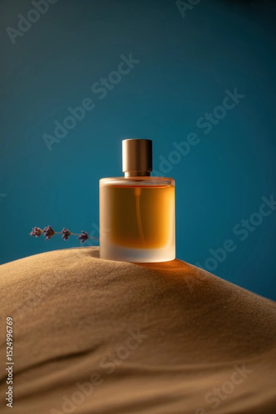 Fototapeta Elegant Perfume Bottle Surrounded by Soft Sand Dunes and Lavender Under Calm Blue Lighting