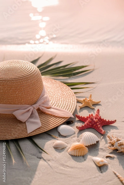 Fototapeta Summer Beach Vibes with Straw Hat and Seashells on Soft Sandy Shore in Warm Sunset Glow
