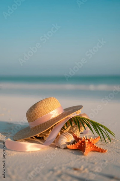Fototapeta Beachside Serenity with Straw Hat and Seashells in Soft Sunlight