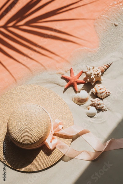 Fototapeta Summer Vibes with Straw Hat, Seashells, and Starfish on Sandy Beach Under Gentle Tropical Sun