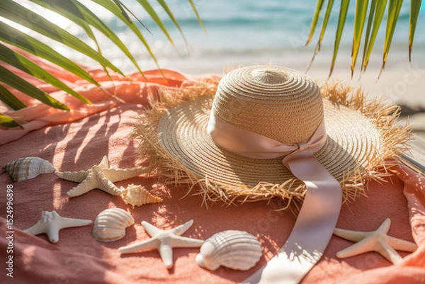 Fototapeta Sunlit Beach Scene with Straw Hat and Shells Draped on Coral Fabric, Evoking Summer Serenity
