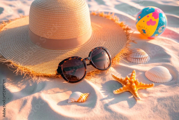 Fototapeta Summer Beach Essentials: Sun Hat and Sunglasses on Soft Sand with Seashells and Vibrant Beach Ball