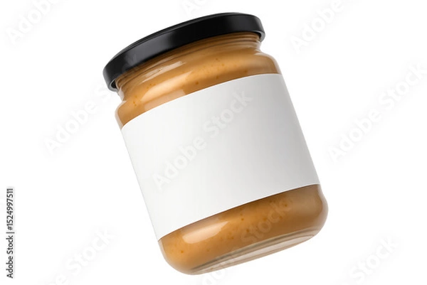 Obraz Glass jar with peanut butter and blank white label on transparent background, concept for food packaging design and branding