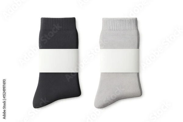 Obraz Close-up view of a pair of gray and black socks with blank white label packaging, concept for apparel product presentation, branding, and retail mock-up