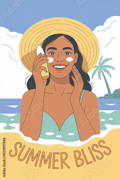 Fototapeta Joyful Woman Enjoying Summer Bliss with Sunscreen on Beach under Clear Blue Sky