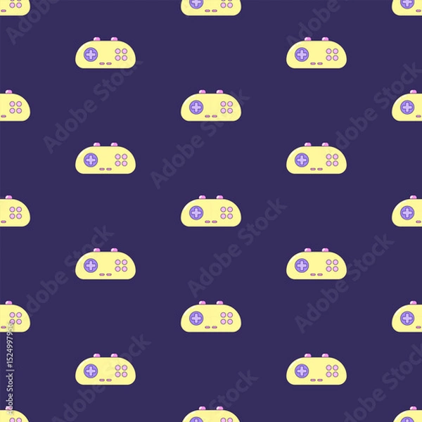 Fototapeta Seamless pattern with audio cassette and gamepad. Multicolored elements on dark background. Retro illustration with outline in 90s style. Vector illustration.