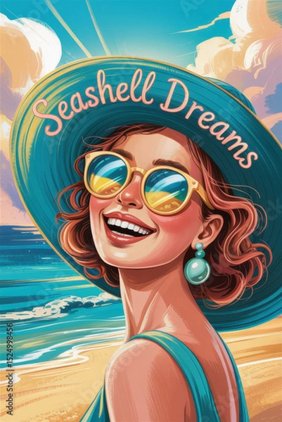 Fototapeta Joyful Summer Vibes with a Smiling Woman in a Wide Brim Hat and Sunglasses Against a Scenic Beach Background