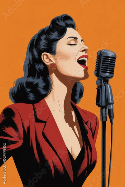 Fototapeta Vintage Style Singer in a Bold Red Suit Belting Out Tunes Against a Bright Orange Background