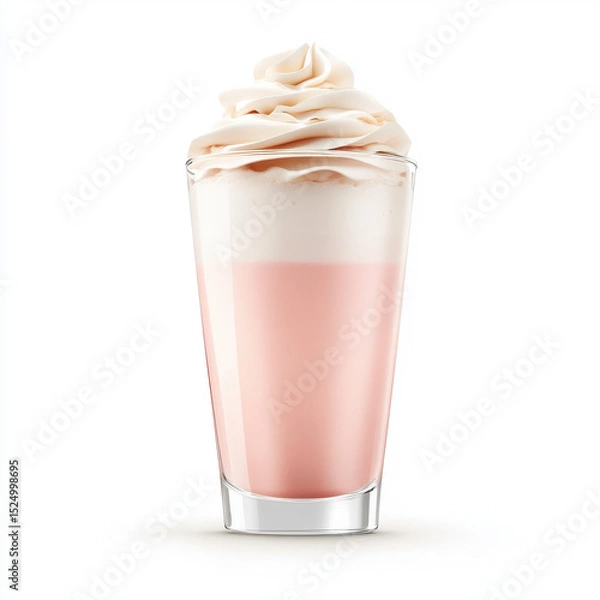 Obraz Delicious pink milkshake topped with whipped cream in glass on white background.