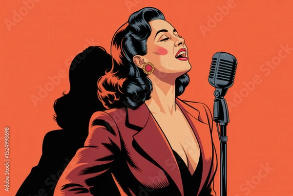 Fototapeta Elegant Vintage Singer in Bold Red and Black with Retro Microphone Against a Vibrant Orange Backdrop