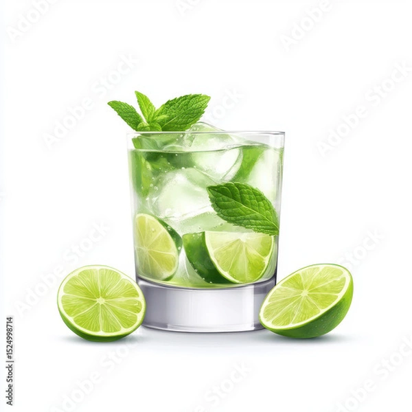 Obraz Refreshing lime cocktail with mint leaves and ice cubes on white background.
