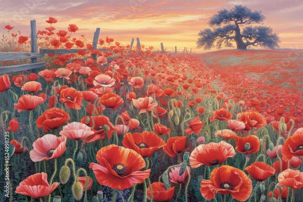 Fototapeta Breathtaking Field of Vibrant Red Poppies Under a Golden Sunset with Majestic Oak Tree