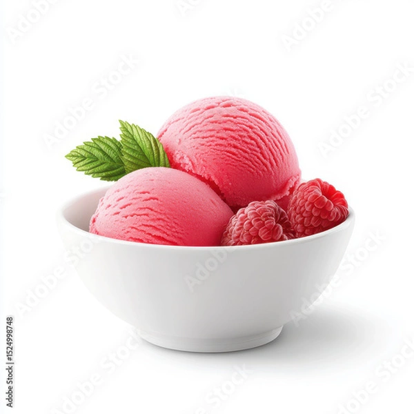 Obraz Delicious raspberry ice cream scoops in white bowl with fresh berries on white background.