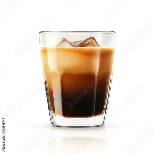 Obraz Iced coffee with ice cubes in clear glass, refreshing and energizing drink on white background.