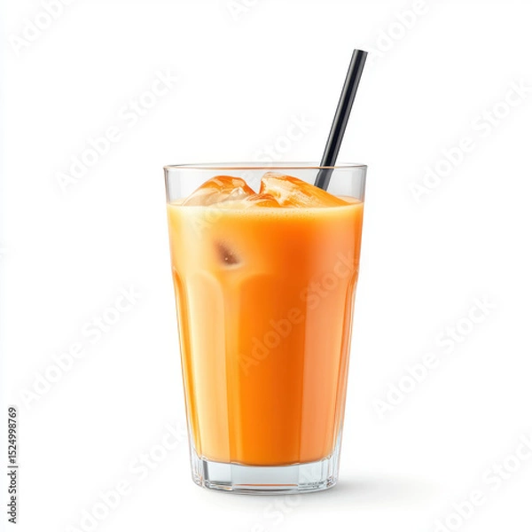 Obraz Refreshing orange drink with ice and straw on white background.