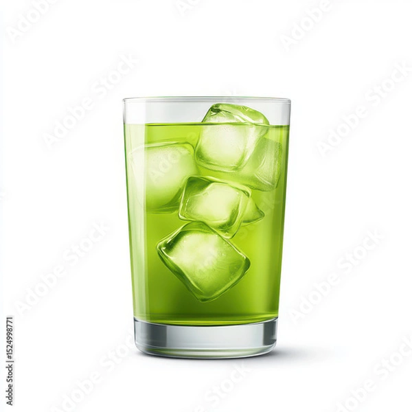 Obraz Refreshing green drink with ice cubes in clear glass on white background.