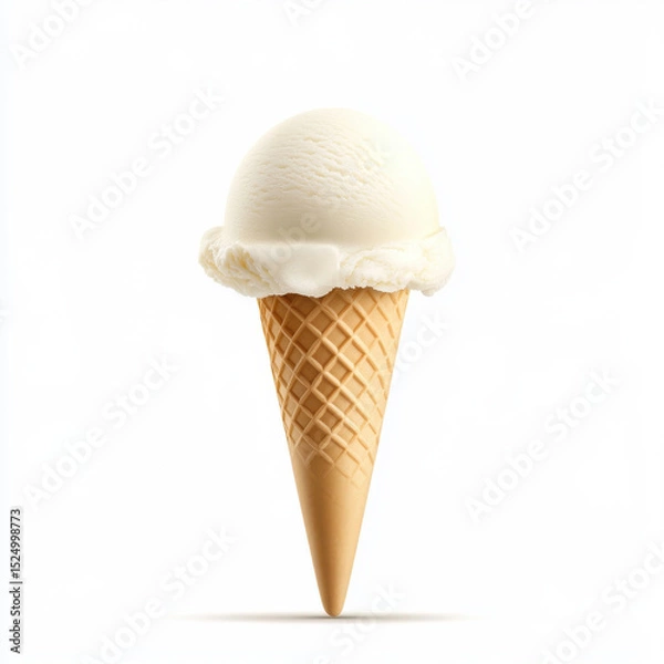 Obraz Creamy vanilla ice cream in waffle cone on white background.