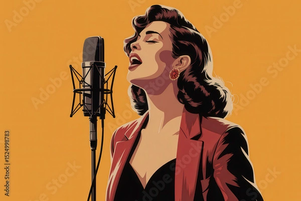 Fototapeta Elegant Retro Singer Performing on Stage with Microphone Against a Vibrant Orange Background