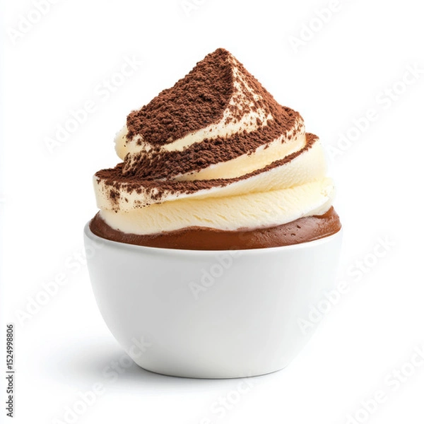 Obraz Delicious chocolate mousse topped with creamy vanilla and cocoa powder on white background.